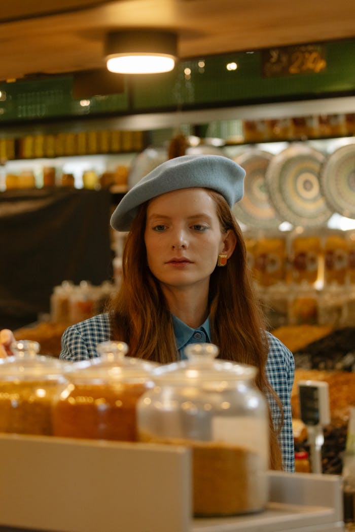A fashionable woman wearing a beret explores a local market, browsing condiments.